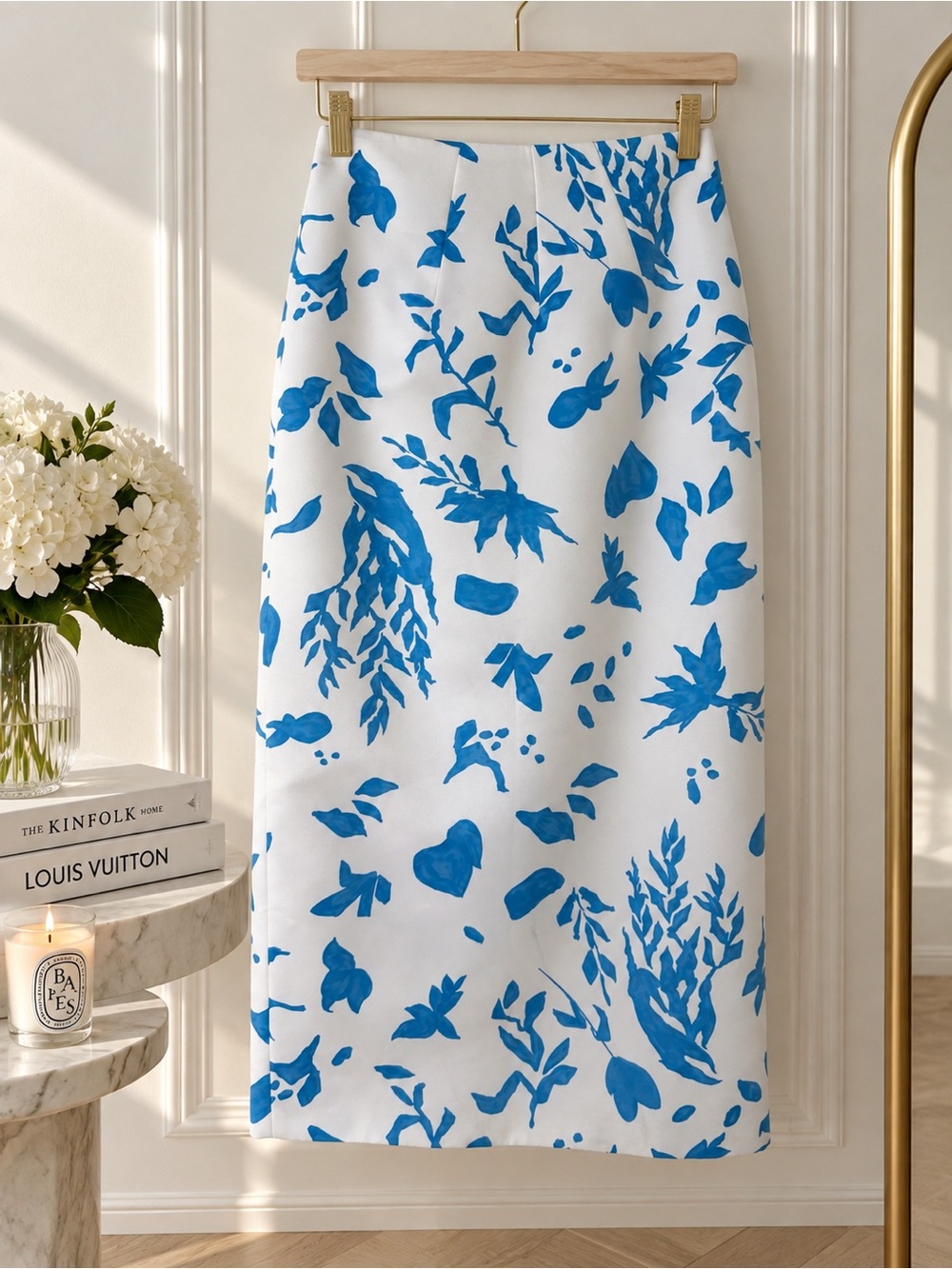 Emilia Wickstead Blue White Floral Botanical Midi Pencil Skirt US 6